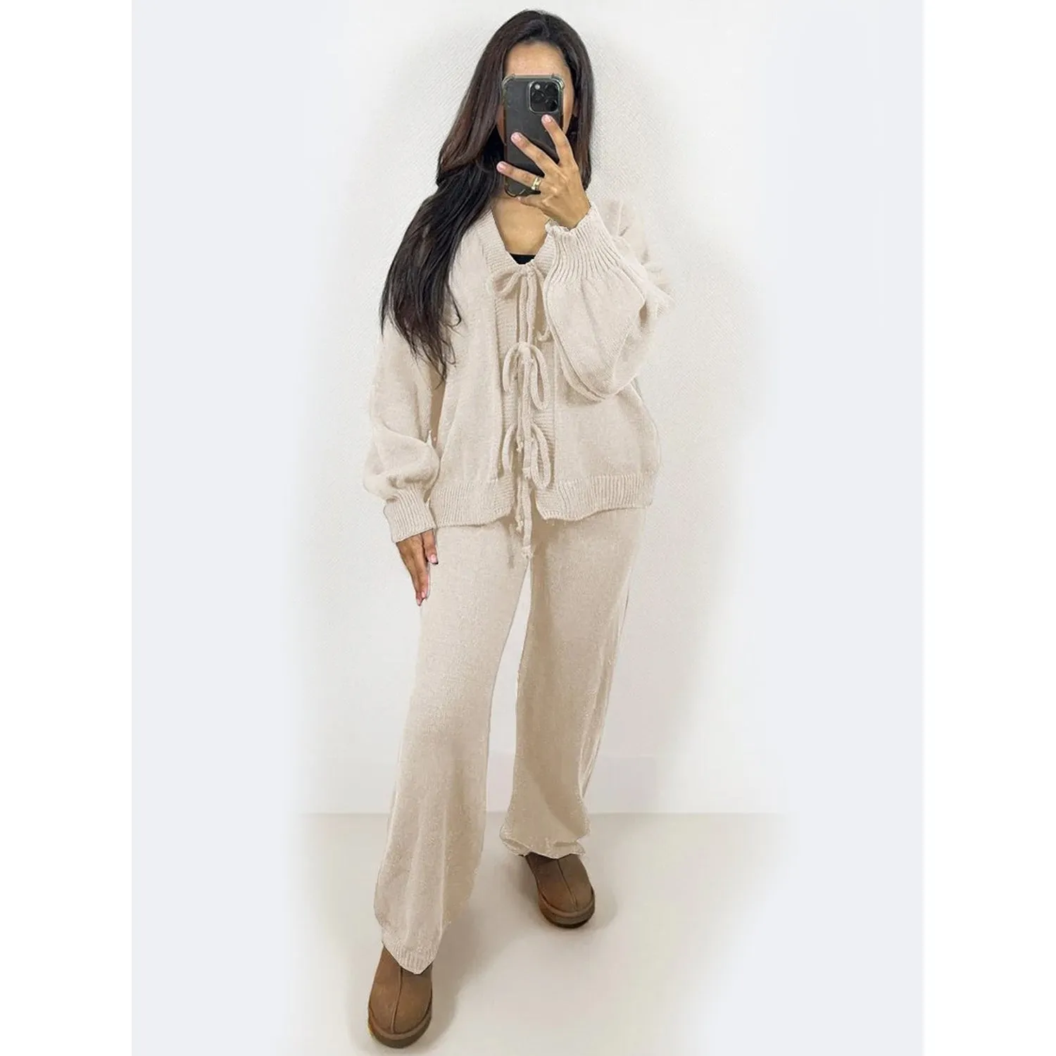 Women Knit Front Tie Balloon Sleeve Cardigan & Stretch Trousers Co-ord Set