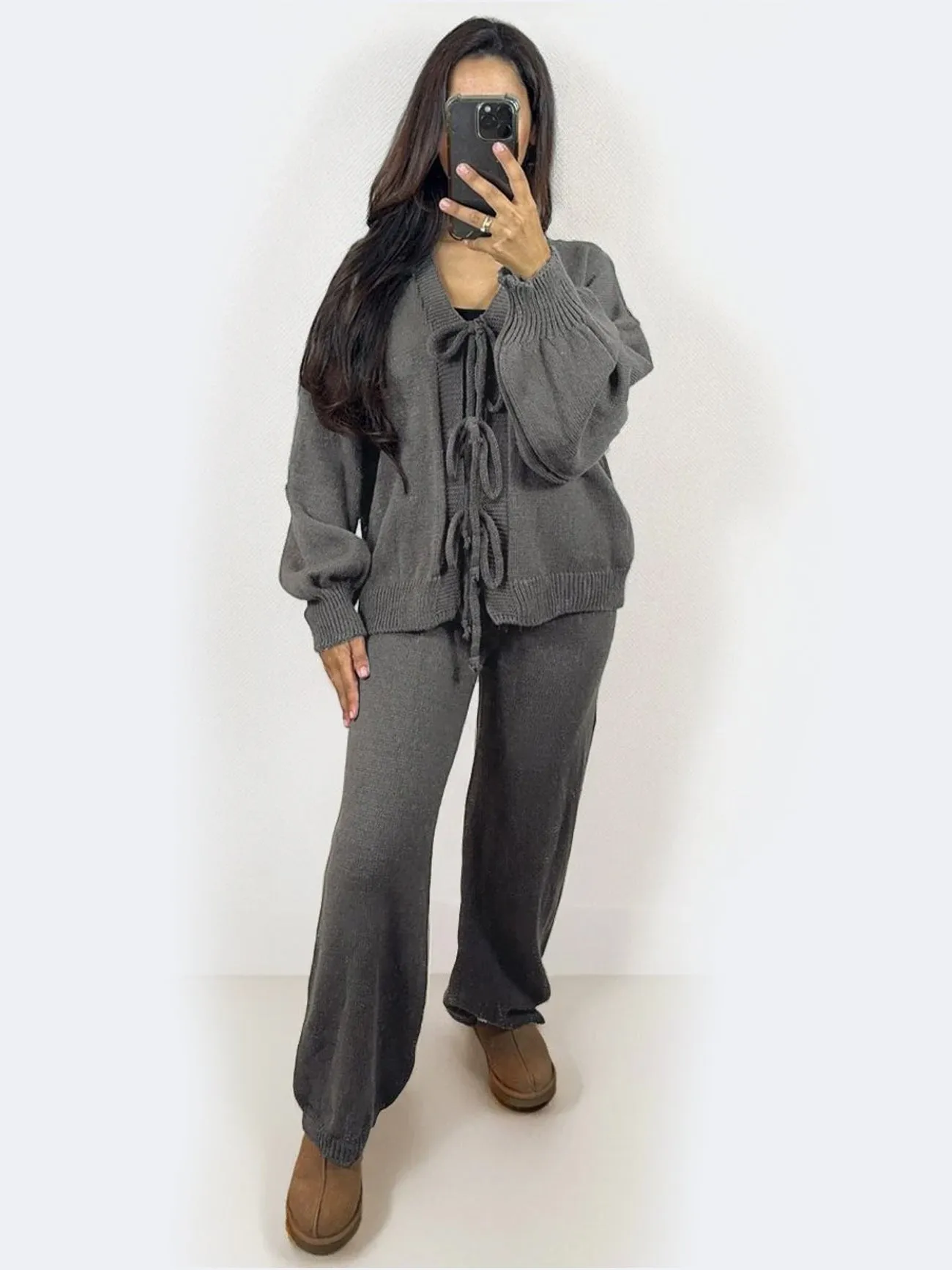 Women Knit Front Tie Balloon Sleeve Cardigan & Stretch Trousers Co-ord Set