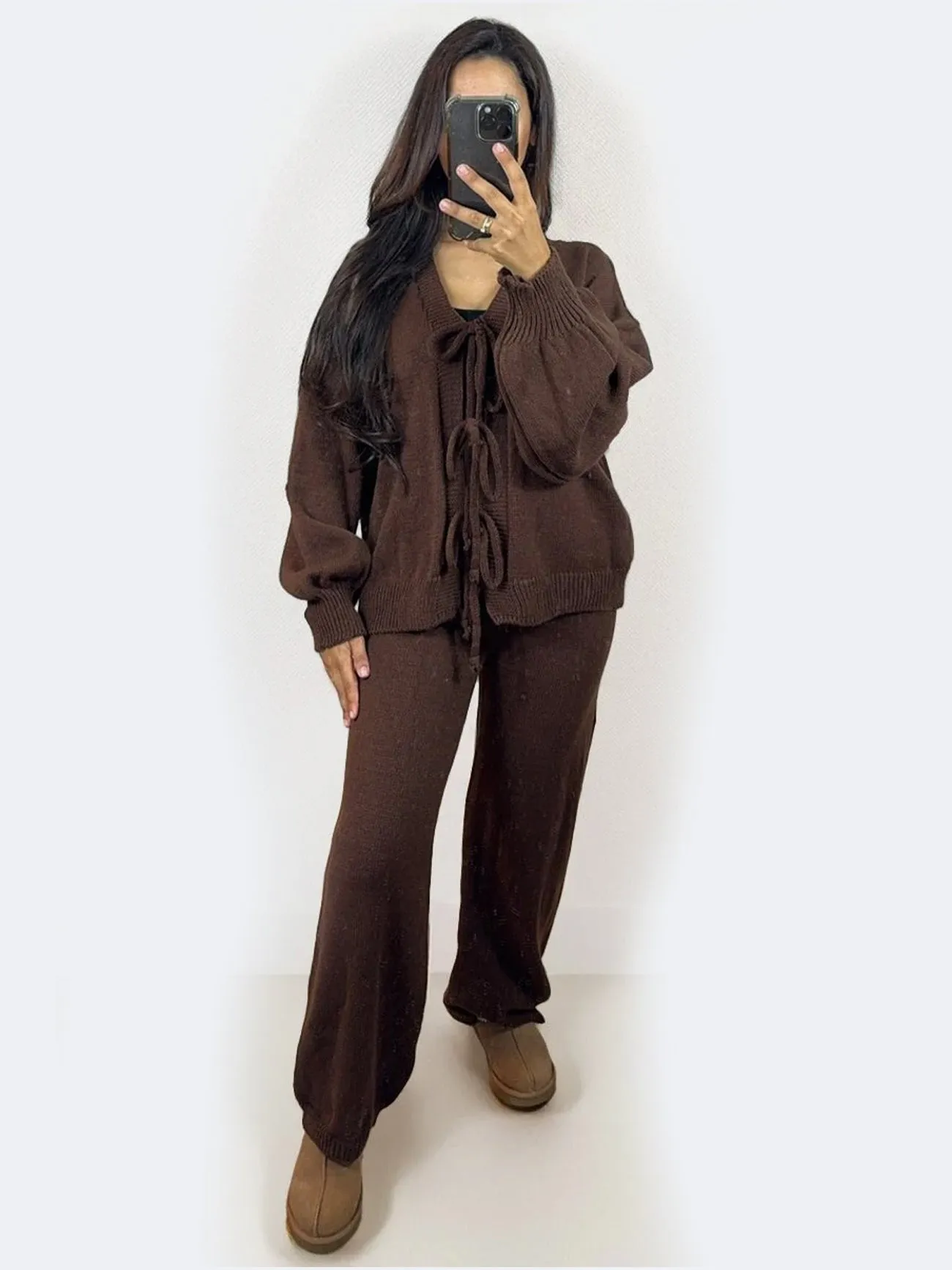 Women Knit Front Tie Balloon Sleeve Cardigan & Stretch Trousers Co-ord Set