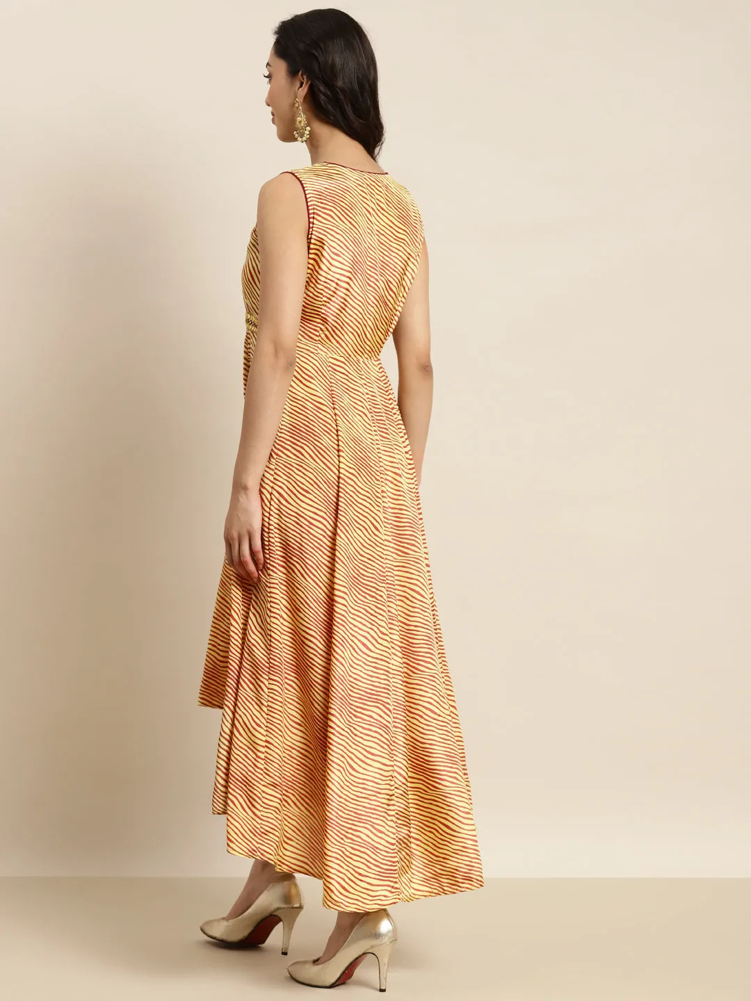 Women Mustard Lehariya High Low Anarkali Maxi Dress