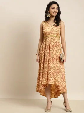 Women Mustard Lehariya High Low Anarkali Maxi Dress