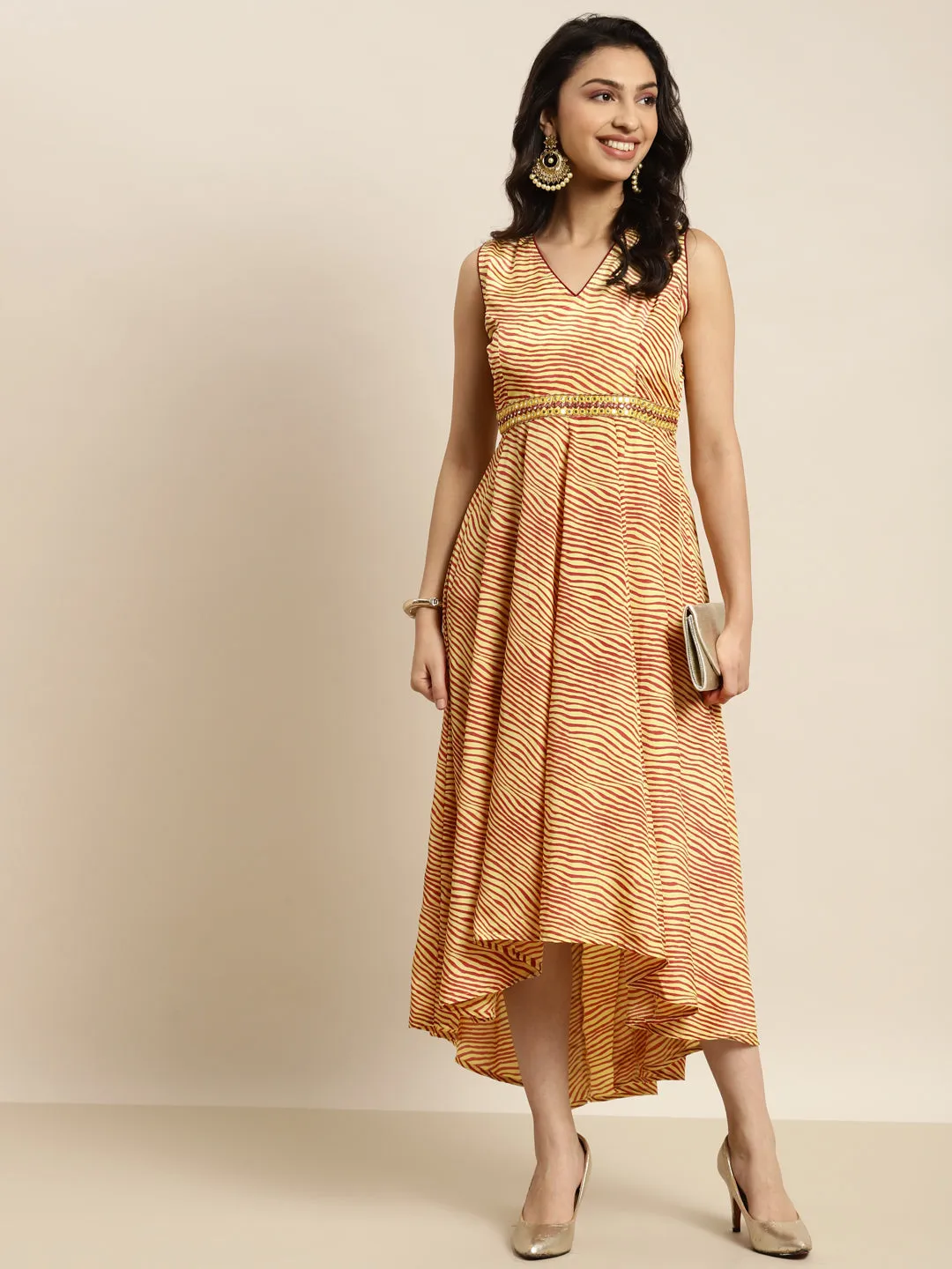 Women Mustard Lehariya High Low Anarkali Maxi Dress