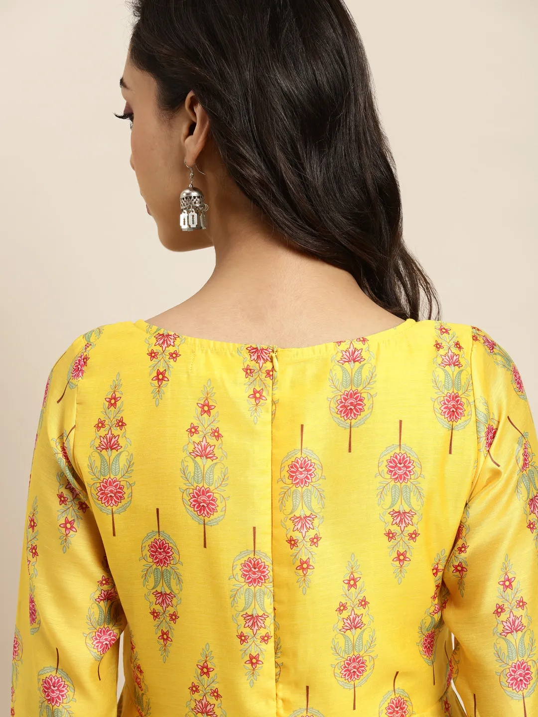 Women Yellow Floral Aanrkali Dress