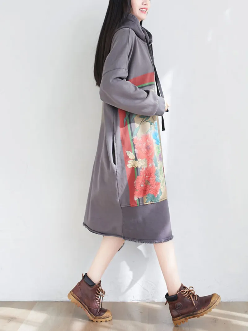 Women's Artistic Patchwork Plus Size Hooded dress