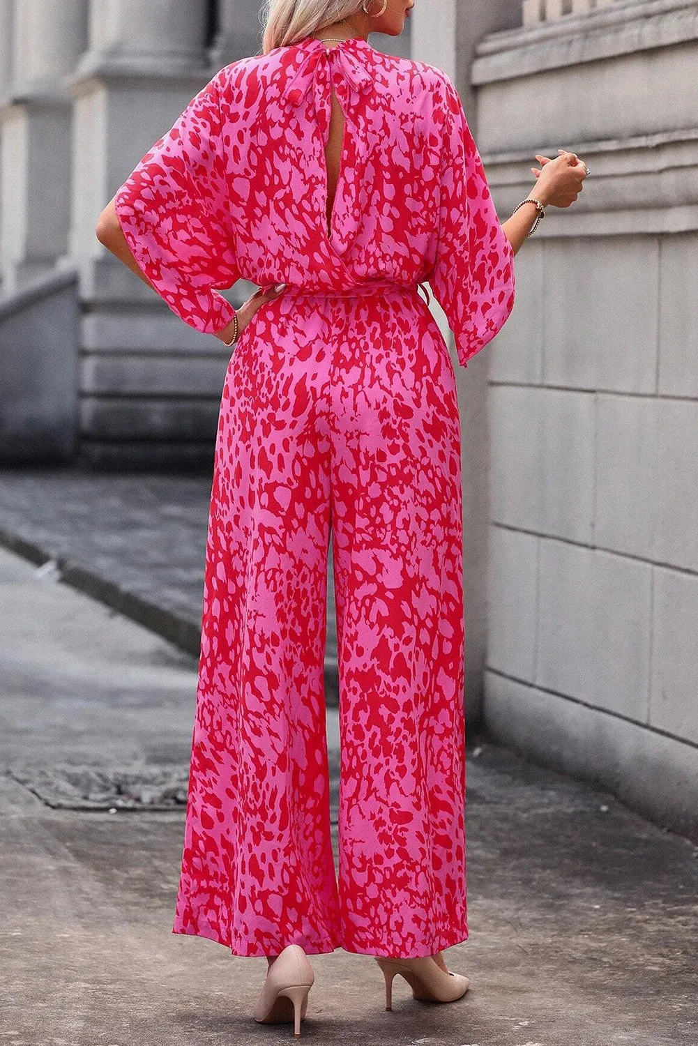 Women's Printed Mock Neck Kimono Sleeve Wide Leg Jumpsuit