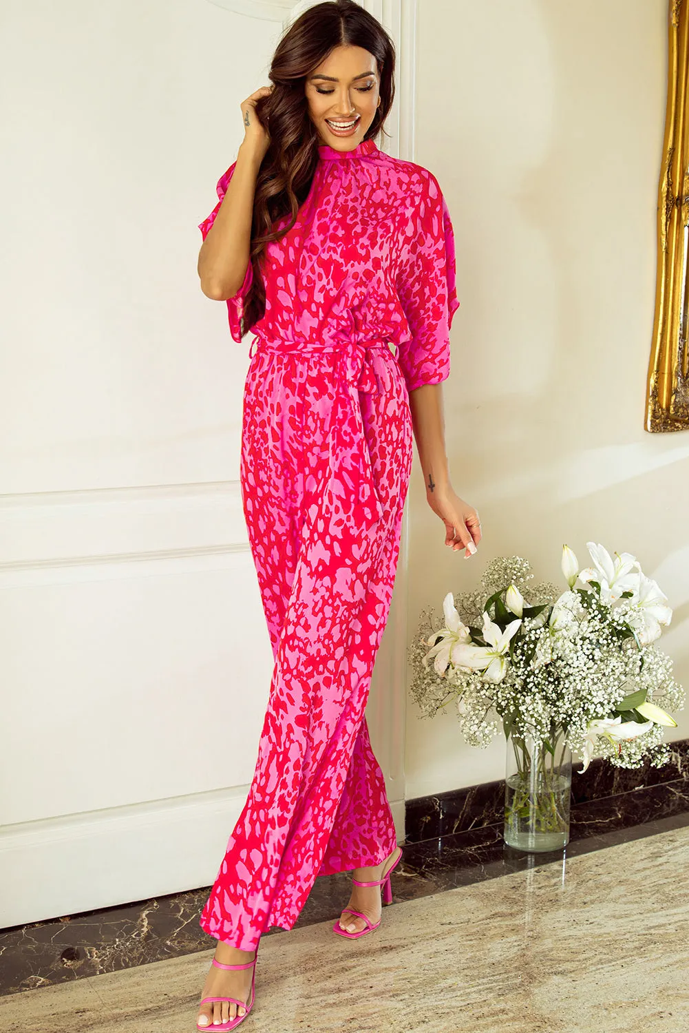 Women's Printed Mock Neck Kimono Sleeve Wide Leg Jumpsuit