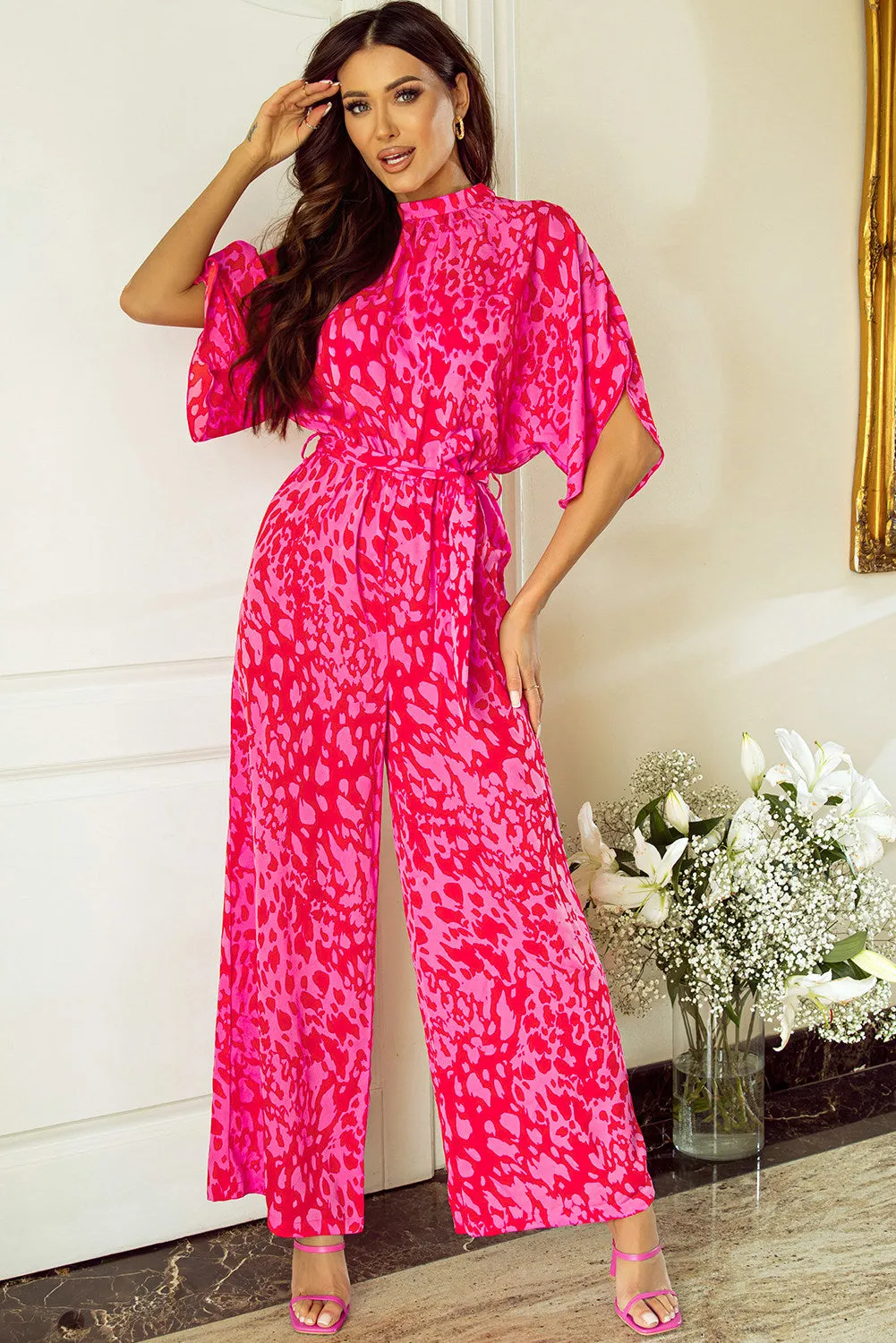 Women's Printed Mock Neck Kimono Sleeve Wide Leg Jumpsuit