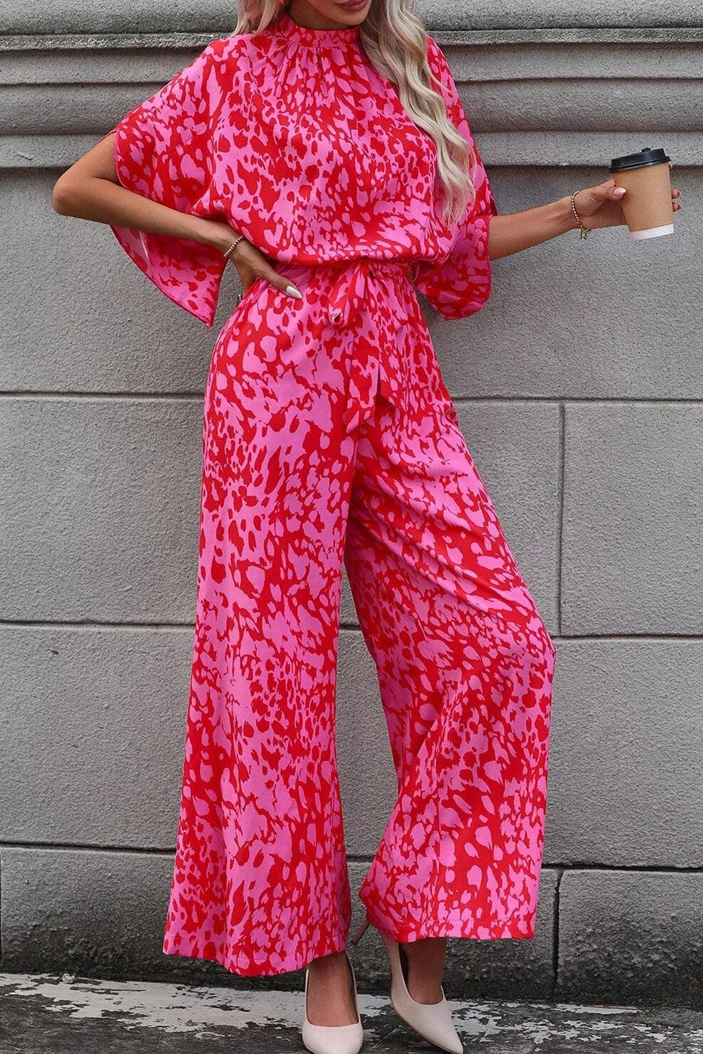 Women's Printed Mock Neck Kimono Sleeve Wide Leg Jumpsuit