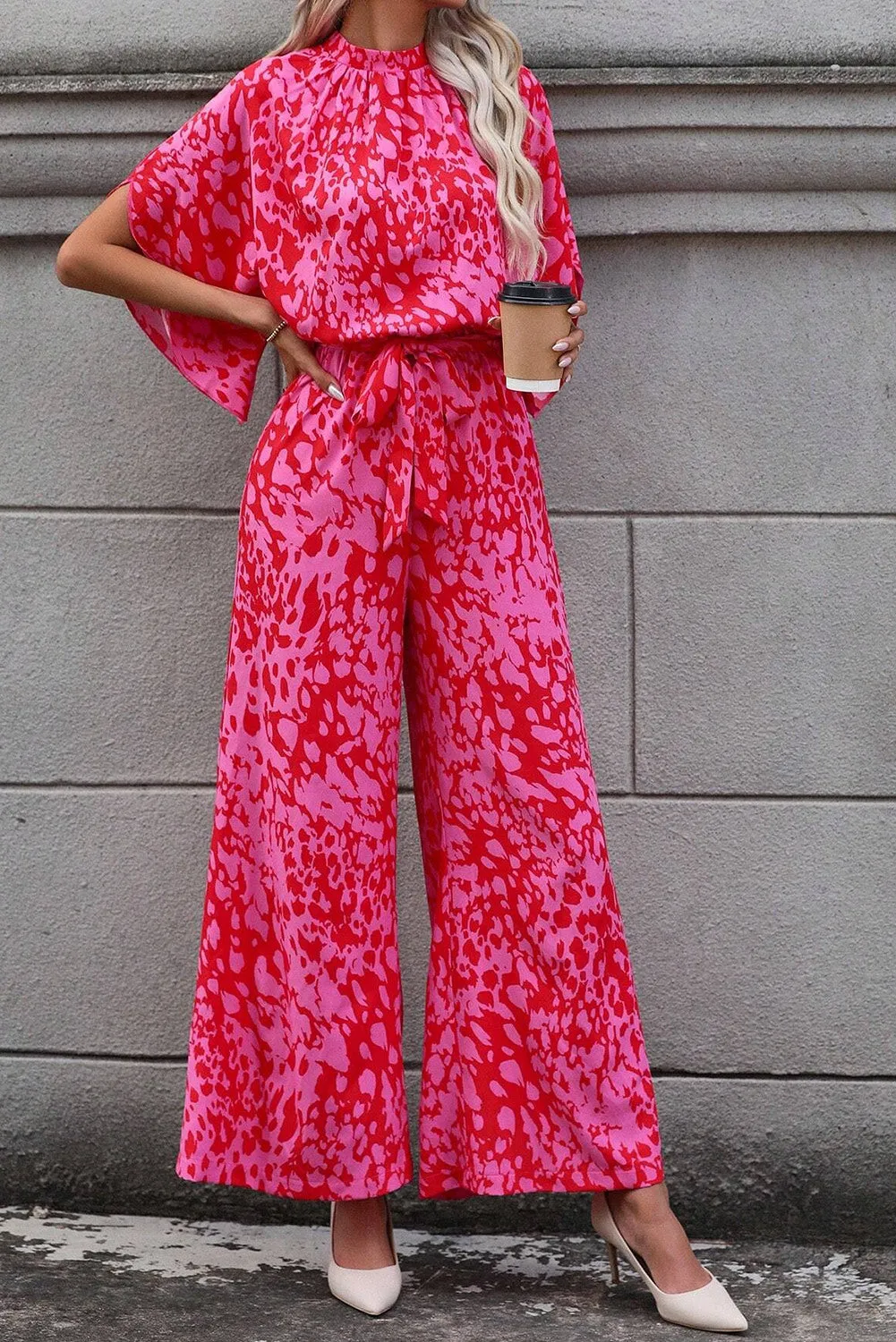 Women's Printed Mock Neck Kimono Sleeve Wide Leg Jumpsuit