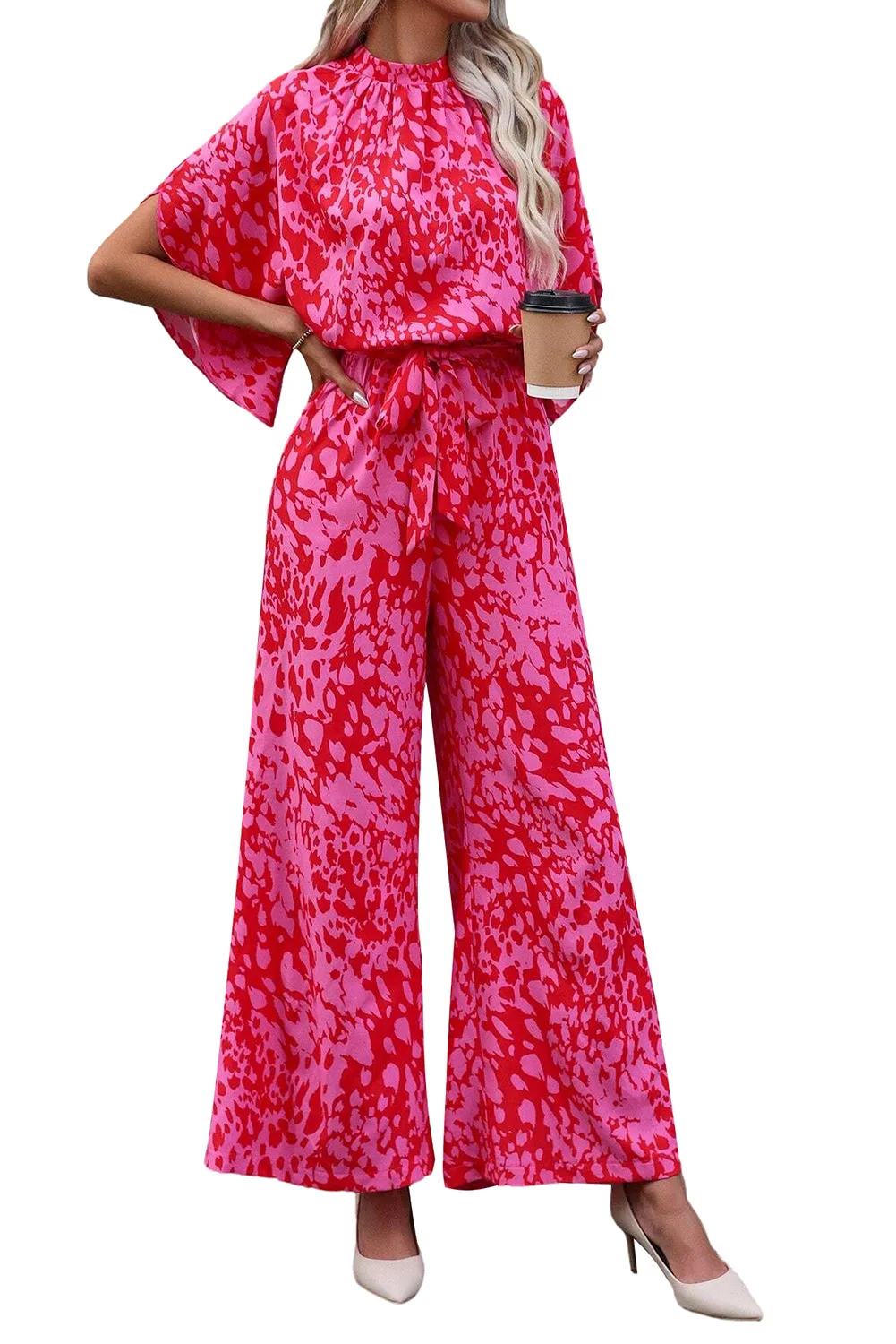 Women's Printed Mock Neck Kimono Sleeve Wide Leg Jumpsuit