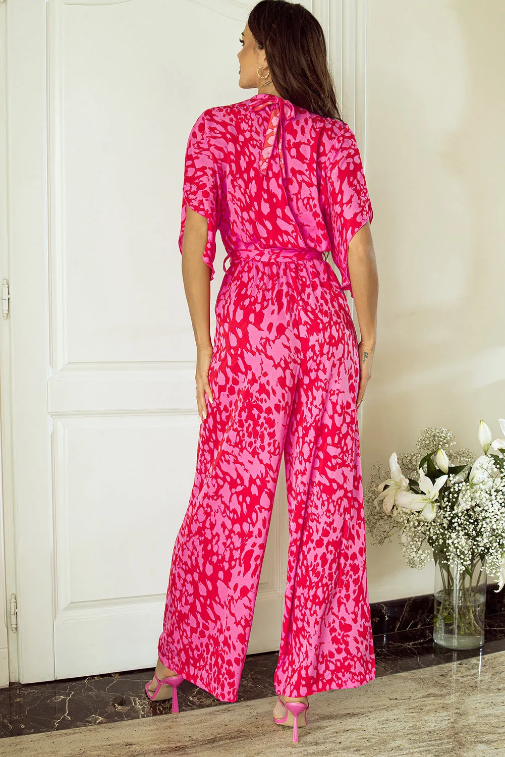 Women's Printed Mock Neck Kimono Sleeve Wide Leg Jumpsuit