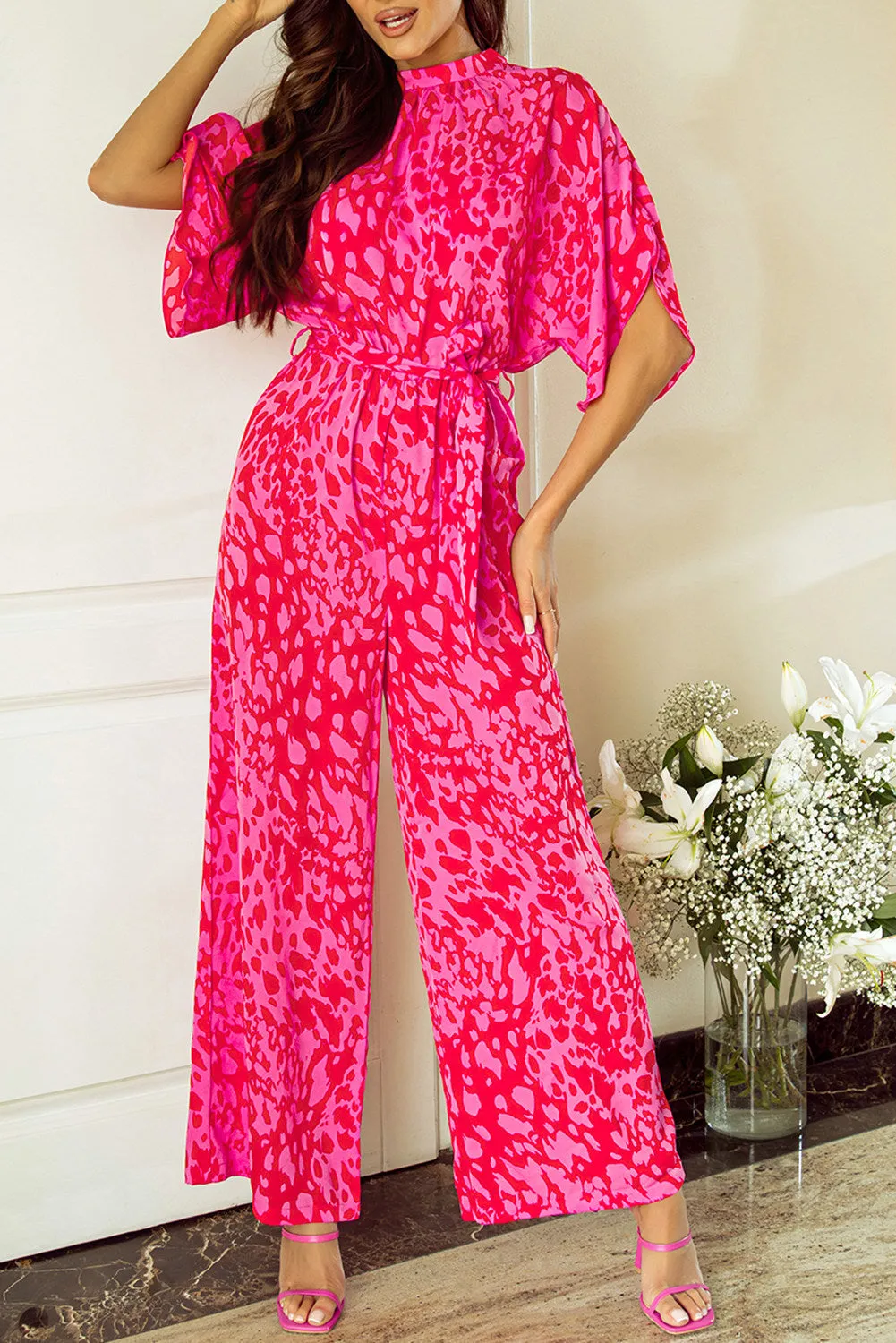 Women's Printed Mock Neck Kimono Sleeve Wide Leg Jumpsuit