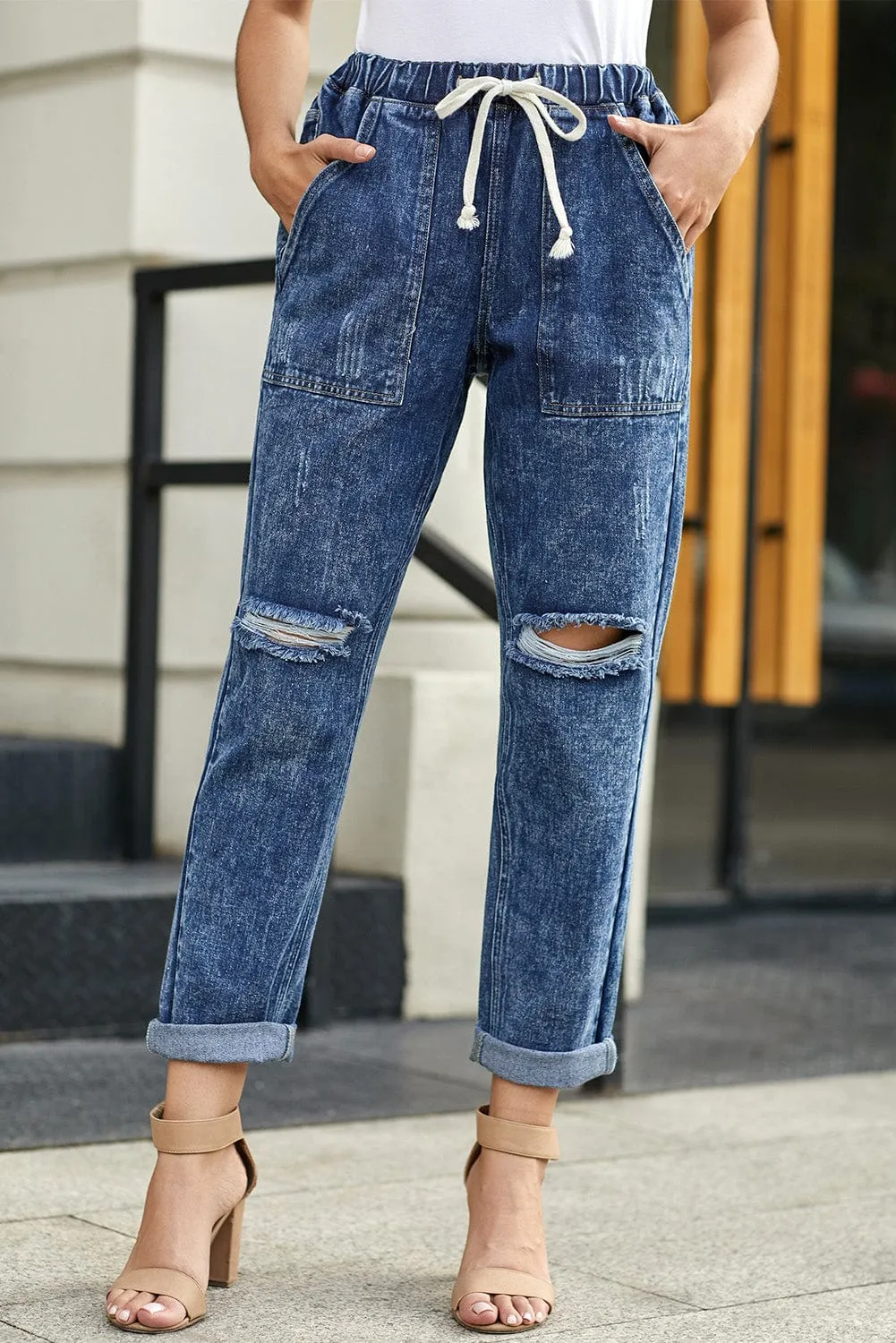 Women's Ripped Denim Trousers Straight Leg Pants