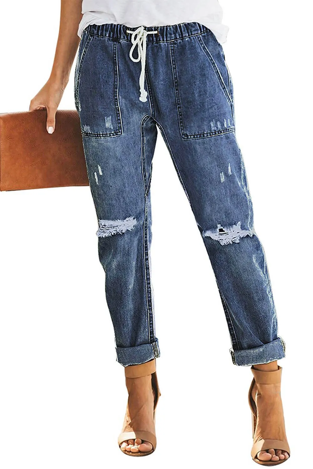 Women's Ripped Denim Trousers Straight Leg Pants