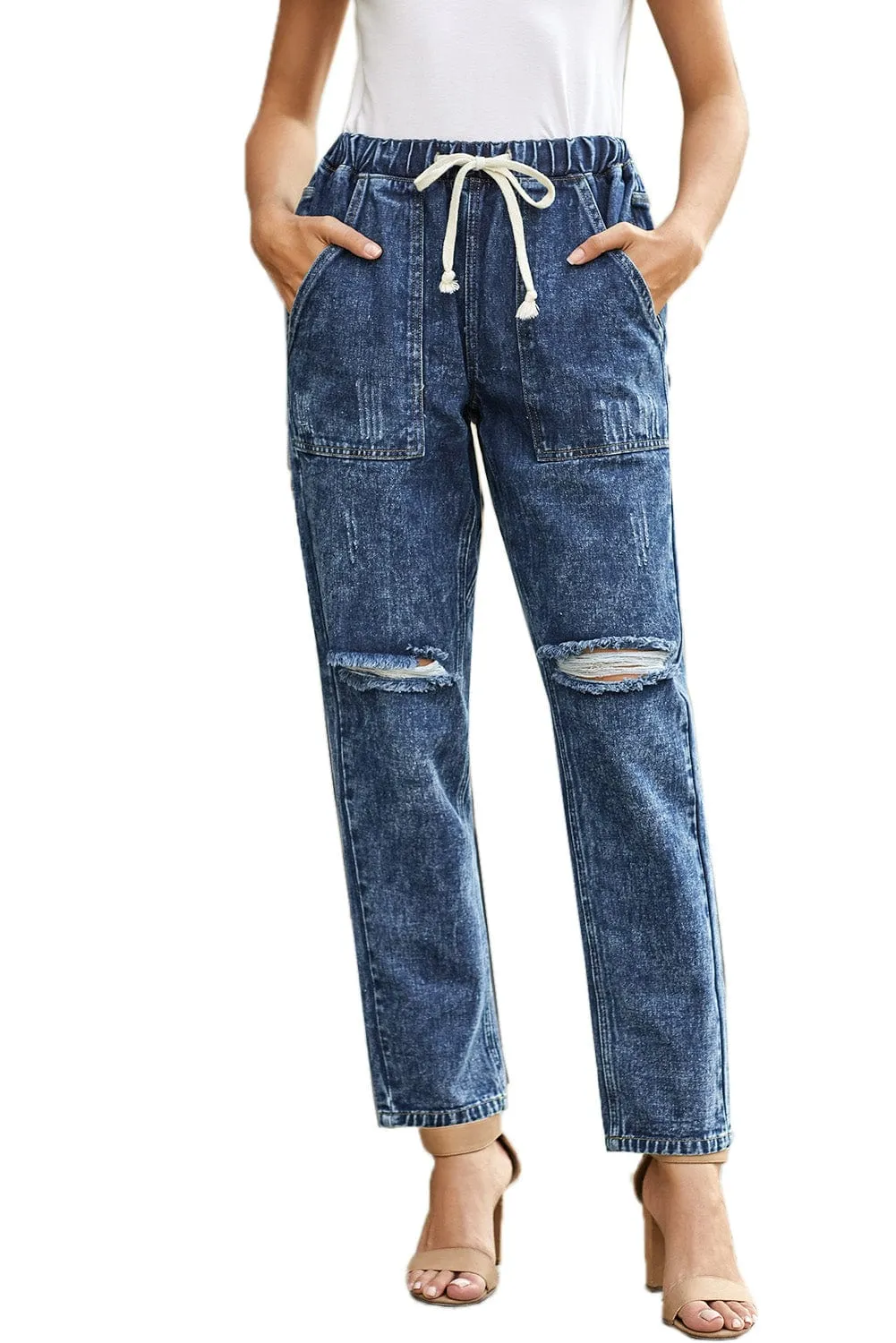 Women's Ripped Denim Trousers Straight Leg Pants