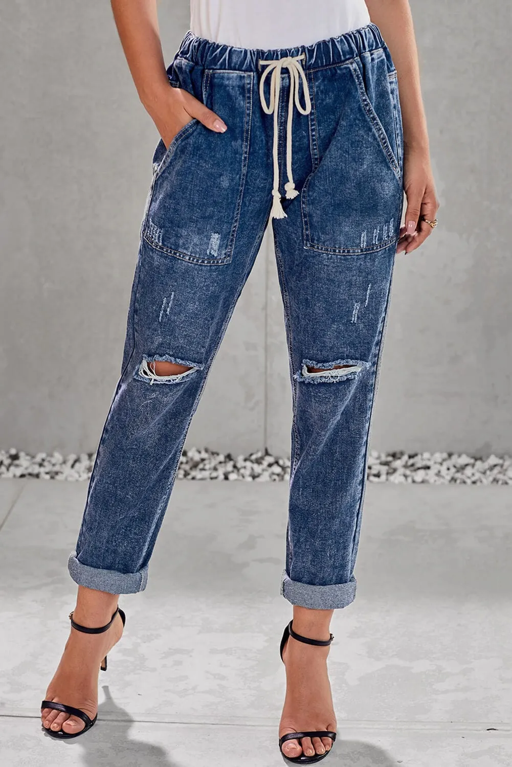 Women's Ripped Denim Trousers Straight Leg Pants