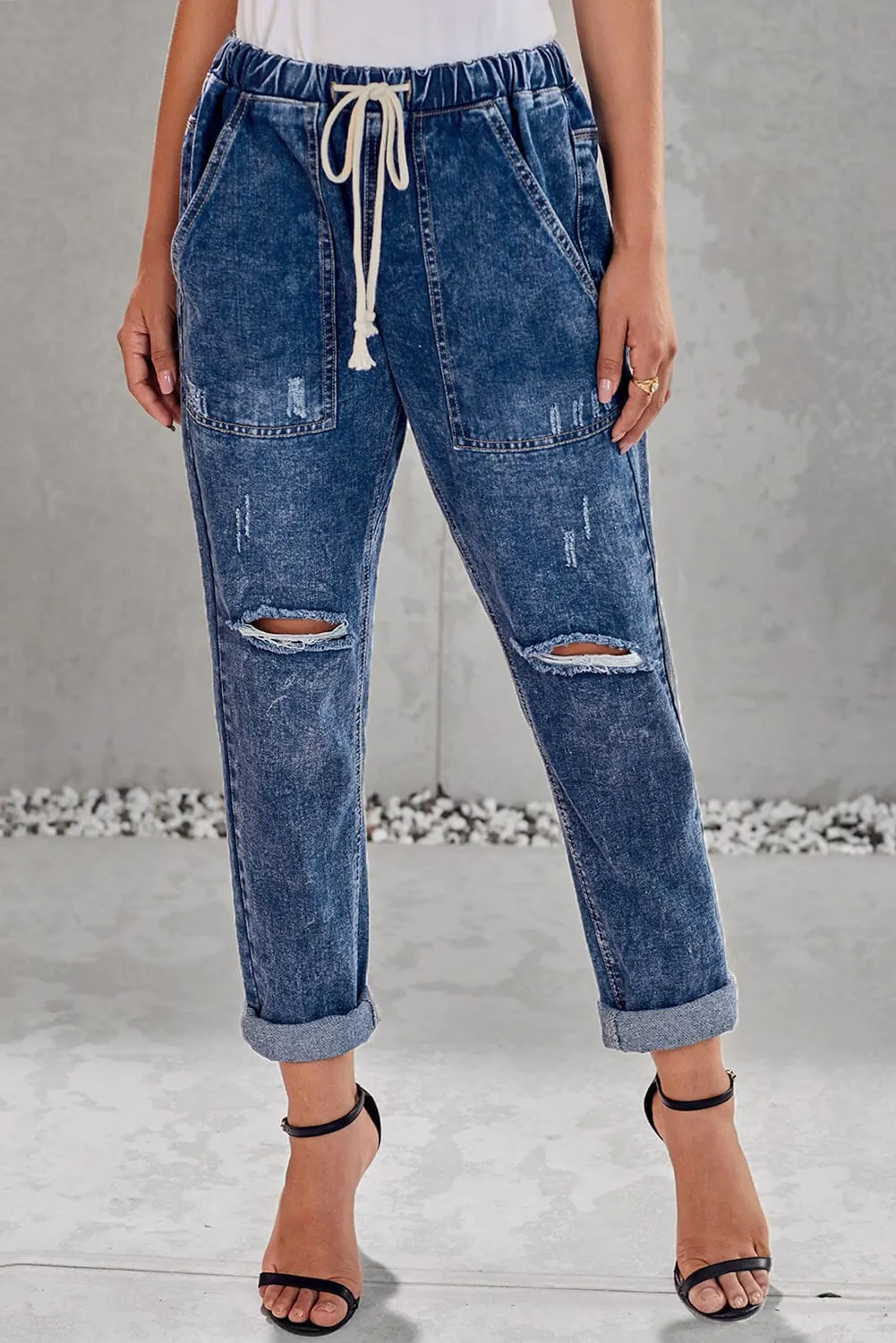 Women's Ripped Denim Trousers Straight Leg Pants