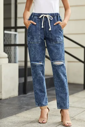 Women's Ripped Denim Trousers Straight Leg Pants