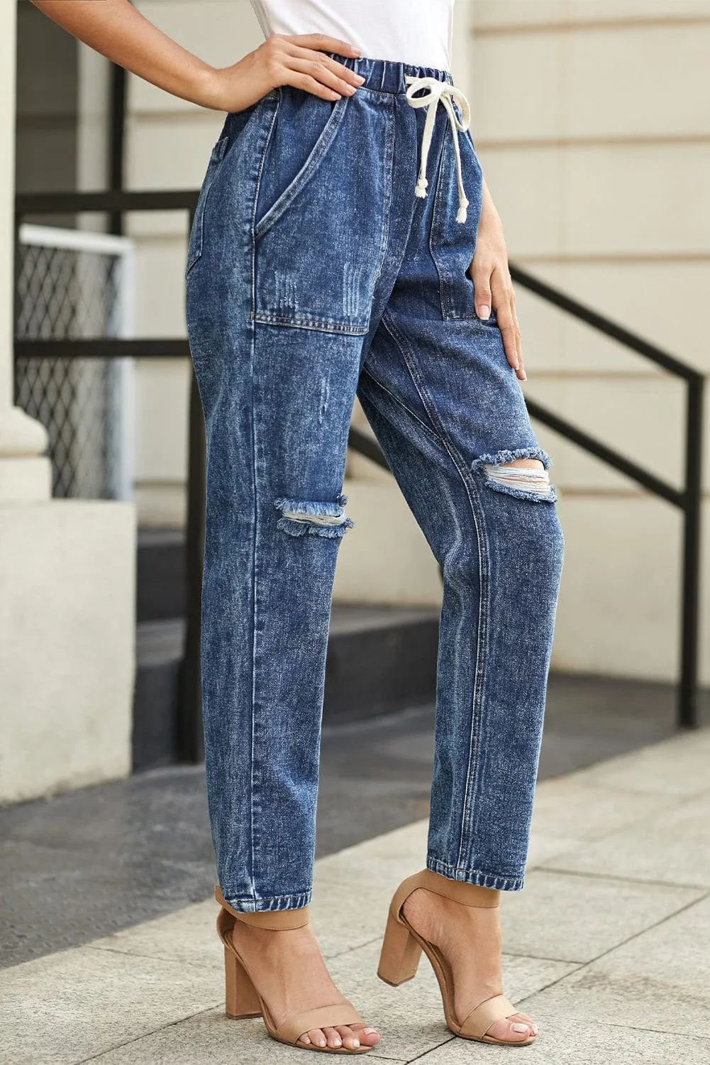 Women's Ripped Denim Trousers Straight Leg Pants