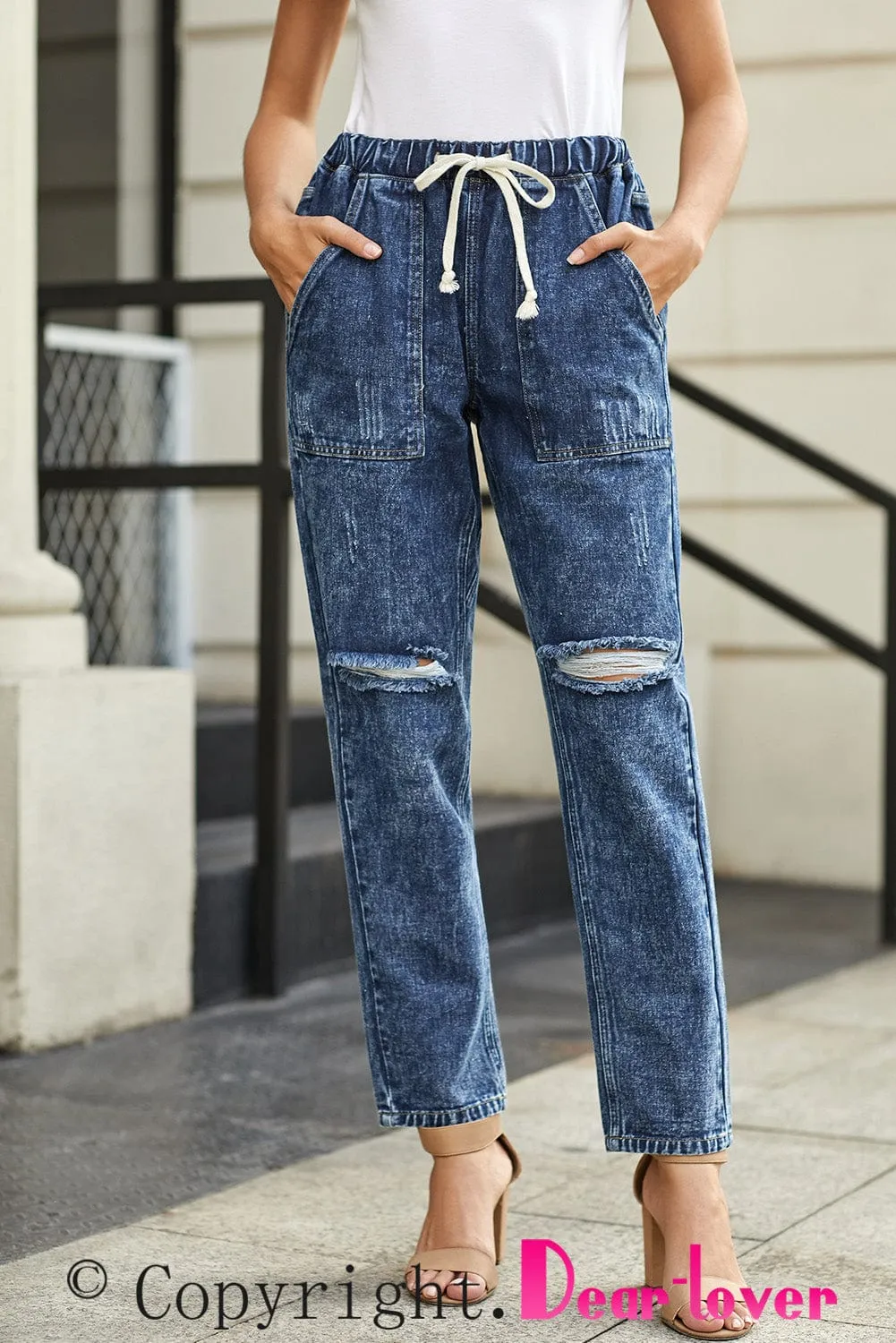 Women's Ripped Denim Trousers Straight Leg Pants