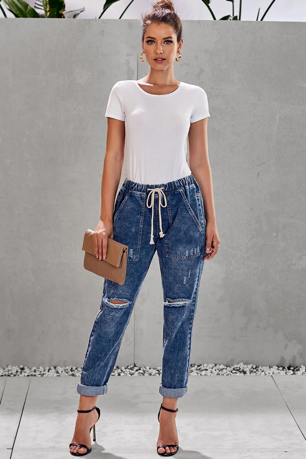 Women's Ripped Denim Trousers Straight Leg Pants