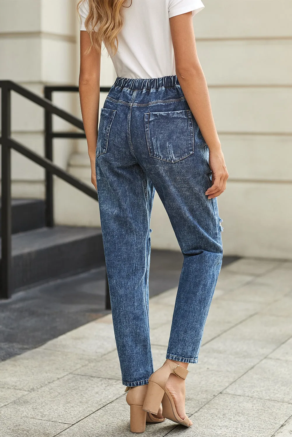 Women's Ripped Denim Trousers Straight Leg Pants