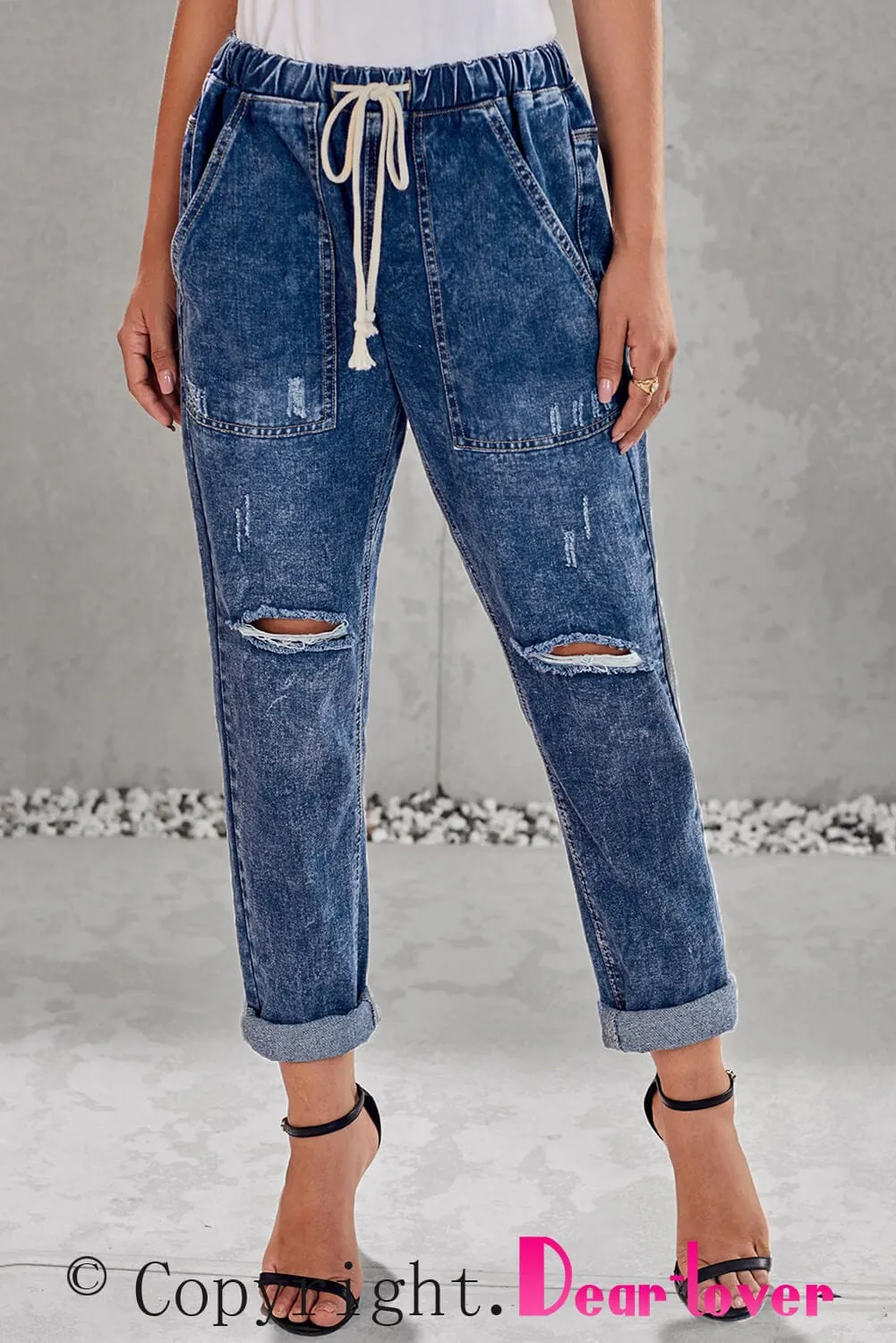 Women's Ripped Denim Trousers Straight Leg Pants