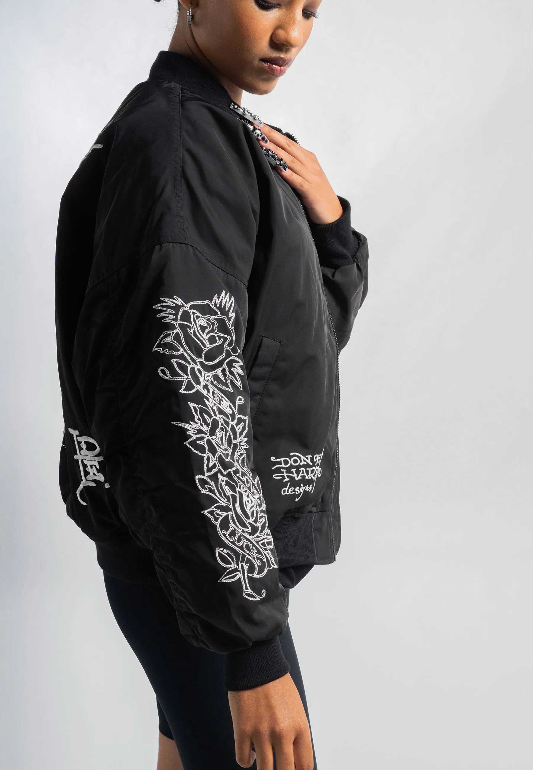 Womens Snake & Dagger Tonal Bomber Jacket - Black