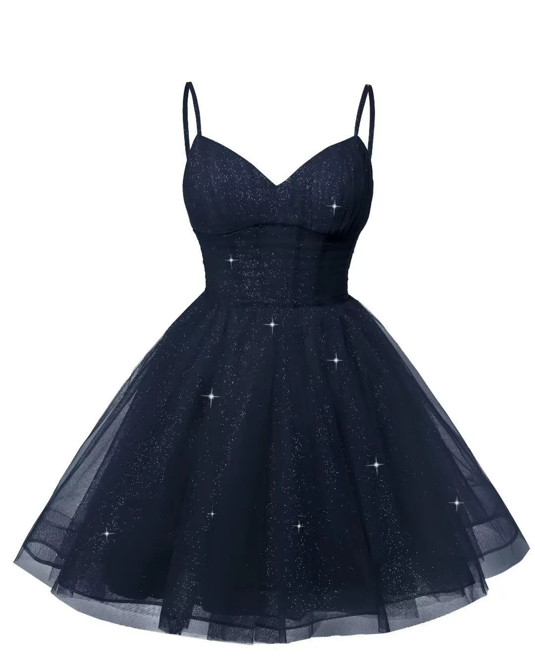 Women's V Neck Tulle Spaghetti Straps Navy Blue Homecoming Dresses with Corset Back Short Prom Gowns for Teens