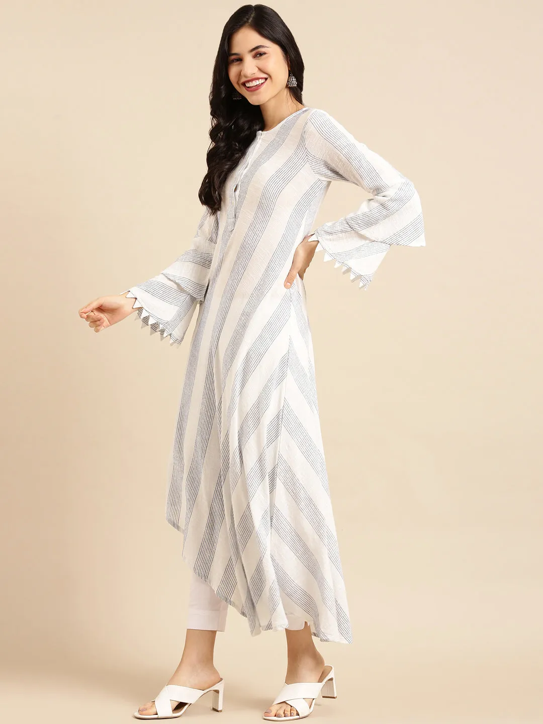 Women's White Striped A-Line Kurta