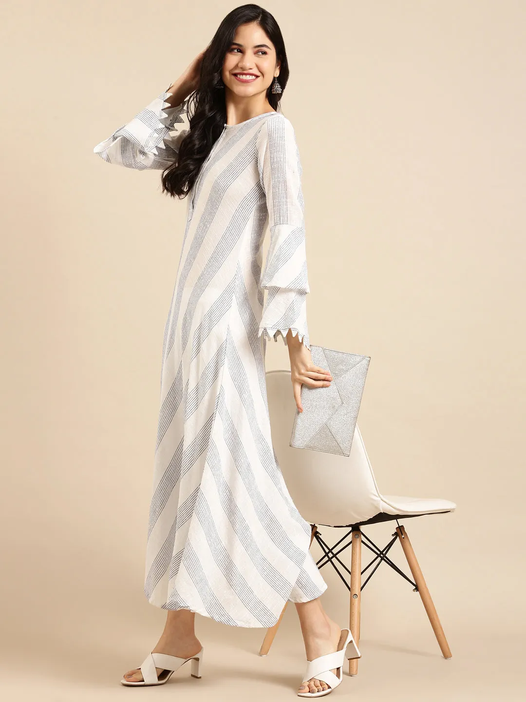 Women's White Striped A-Line Kurta