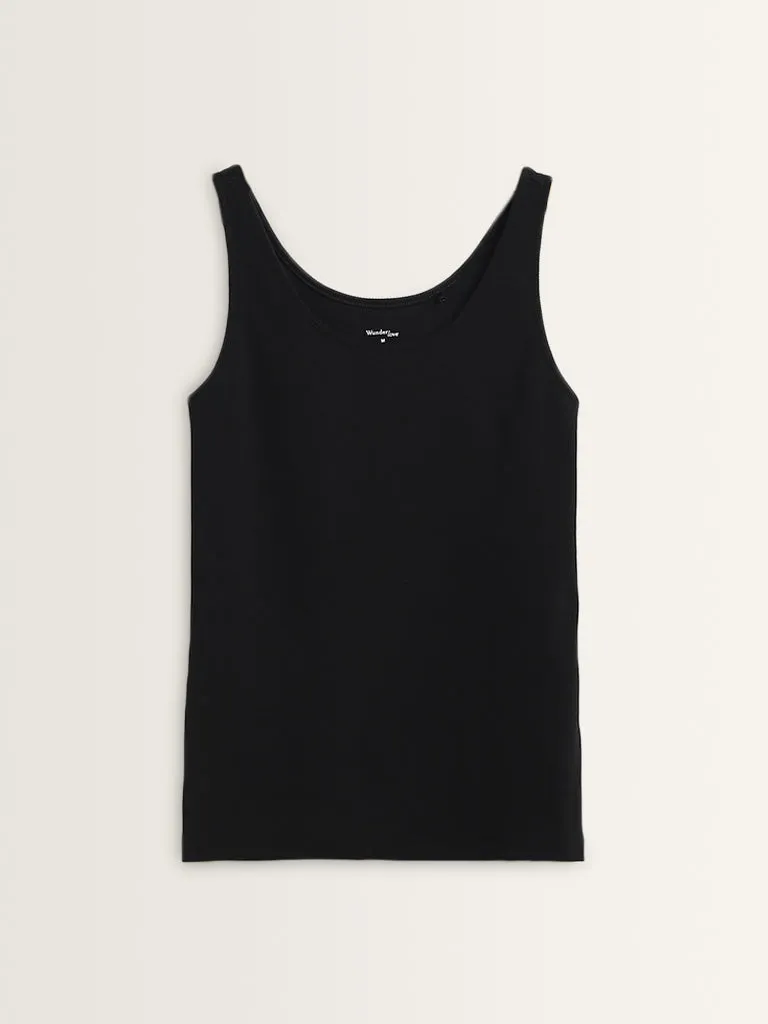 Wunderlove Black Ribbed Textured Cotton Blend Camisole