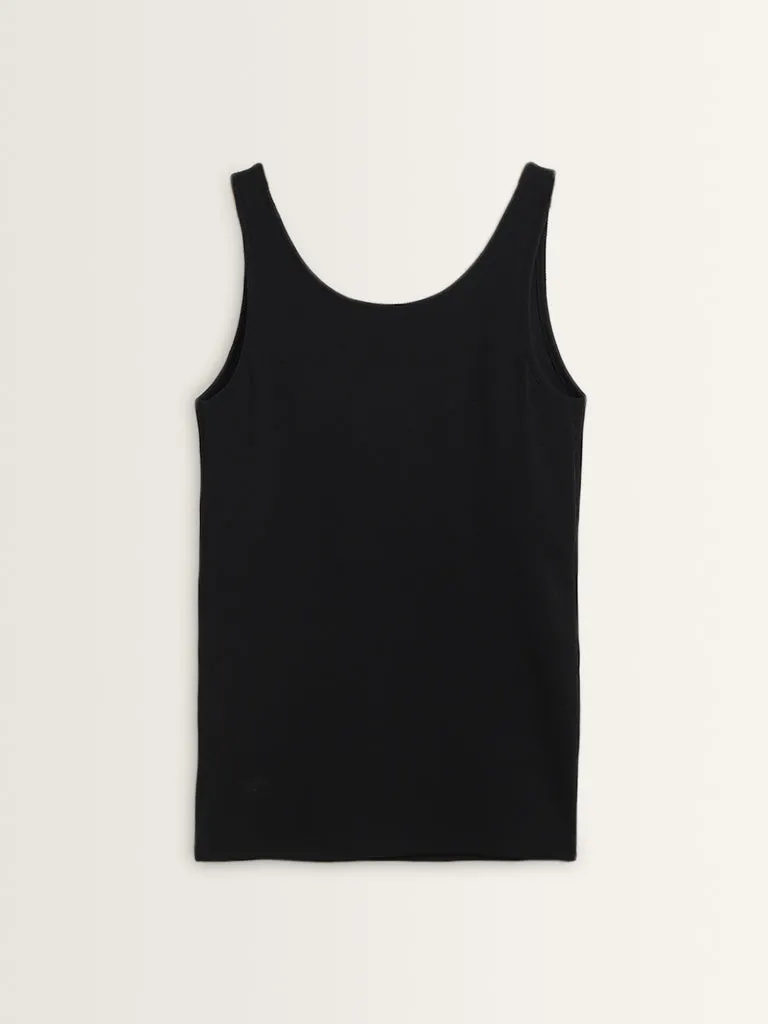 Wunderlove Black Ribbed Textured Cotton Blend Camisole